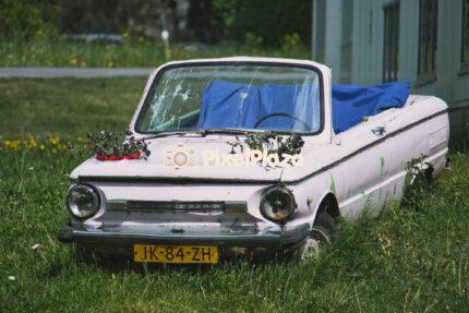 Retro Abandoned Car Repurposed as a Planter in Overgrown Grass